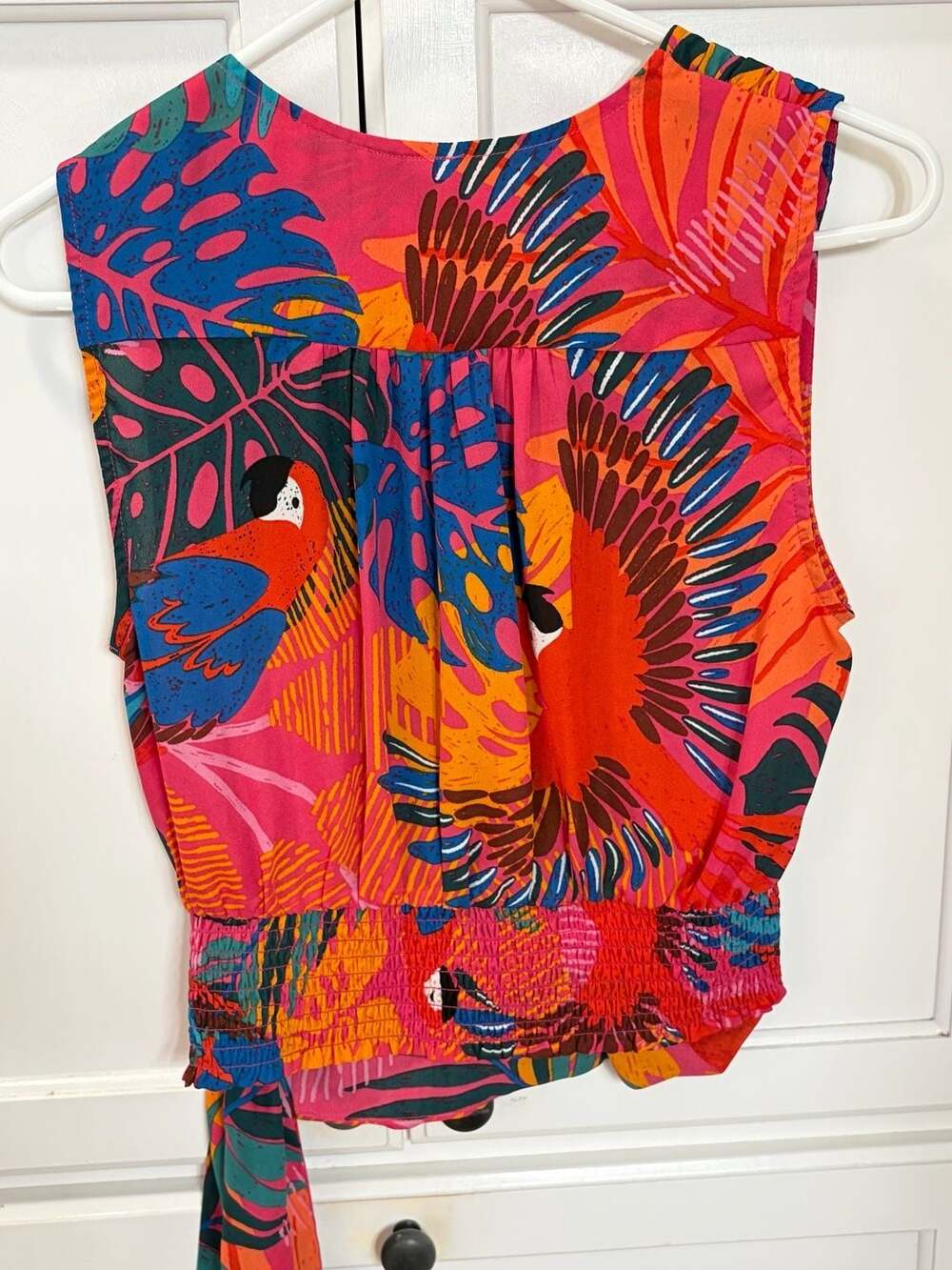 Joie Sleeveless Wrap Tropical Parrot Print Side Tie Pink Orange Top, M - Picture 7 of 8